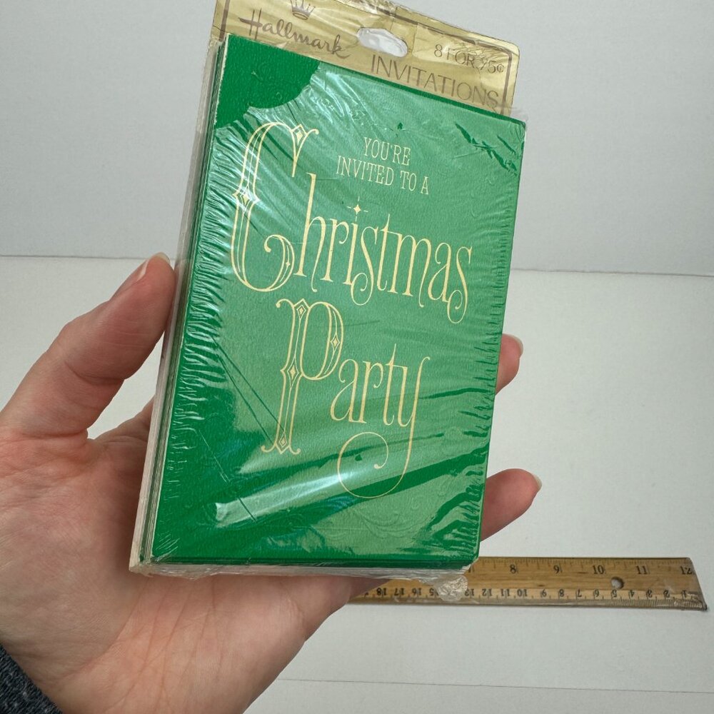 Vtg Retro Hallmark Christmas Party Invitation Green Gold Metallic‎ Elegant Font